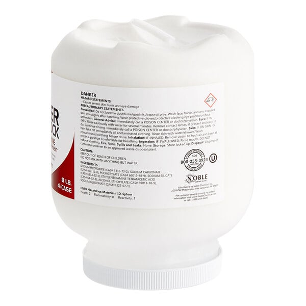 A white container of Noble Chemical Power Block solid dish machine detergent with a label.