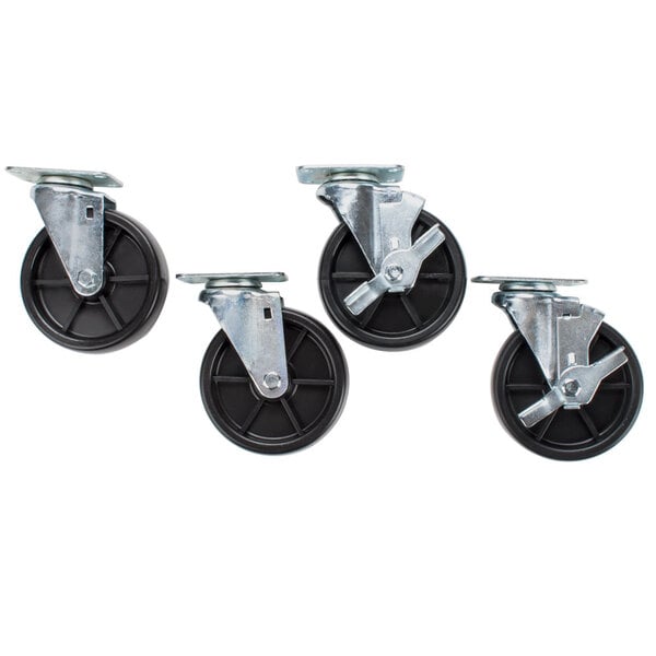 Four steel Main Street Equipment casters with black rubber wheels.