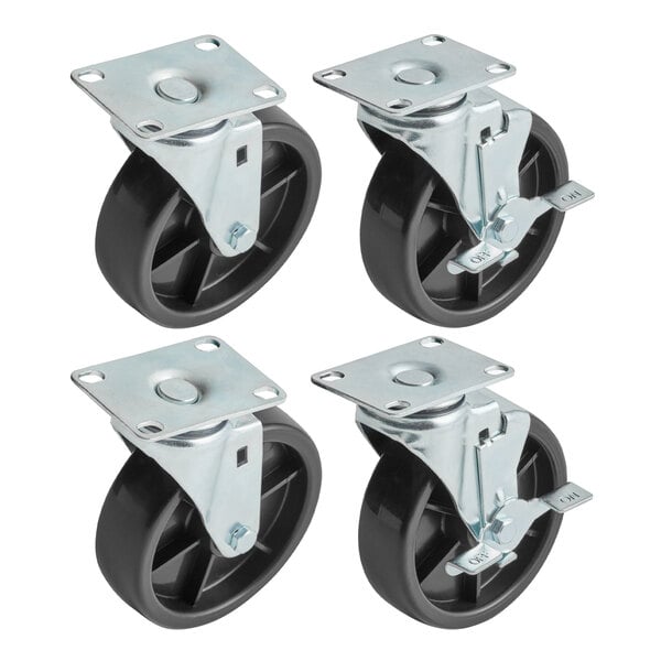 A set of 4 black casters with steel wheels and metal plates.