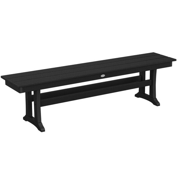 A black POLYWOOD trestle bench.