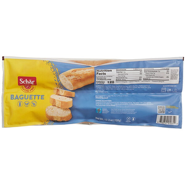 A bag of Schar Gluten-Free baguettes with a label.