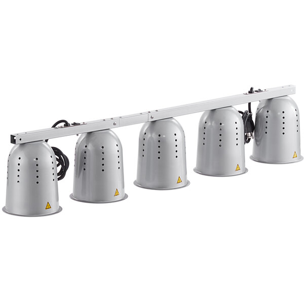 A white metal ServIt suspension bar with five silver heat lamps.