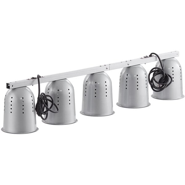 A white ServIt suspension bar with five grey heat lamps.