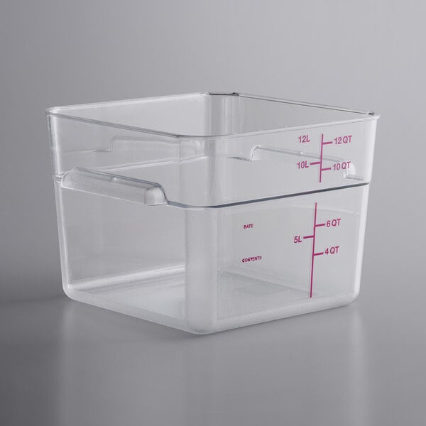 a clear plastic container with red writing