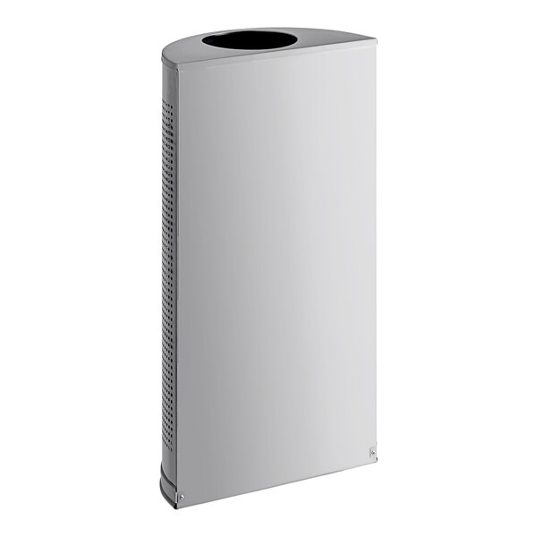 A white rectangular Rubbermaid Silhouettes stainless steel half round waste receptacle with a black lid.