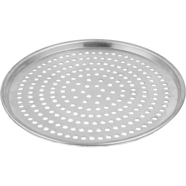 An American Metalcraft Super Perforated Heavy Weight Aluminum Pizza Pan with round holes.