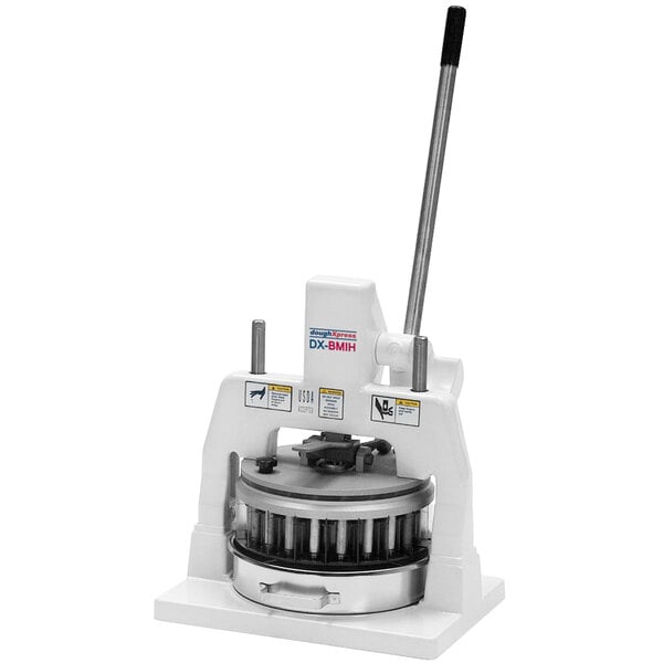 A white DoughXpress manual dough divider machine with a metal bowl on top.
