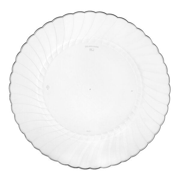 A clear plastic plate with a circle in the middle and a silver border.