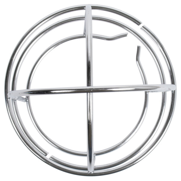 A metal wire light bulb guard with a circular design on it.