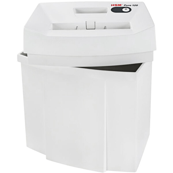 A white HSM 2310 Pure 120 14 sheet strip-cut shredder with a lid.