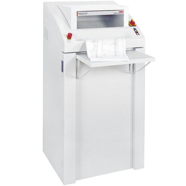 A white HSM Powerline cross-cut shredder with paper in it.