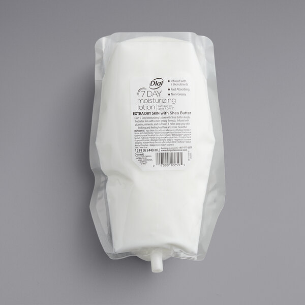A white plastic bag of Dial Versa 7-Day Moisturizing Lotion.