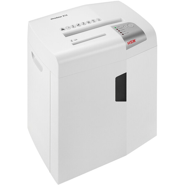 A white shredder with black buttons and a window.