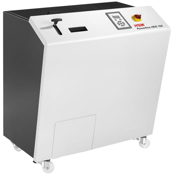 A large white and black HSM Powerline hard drive and backup media shredder.