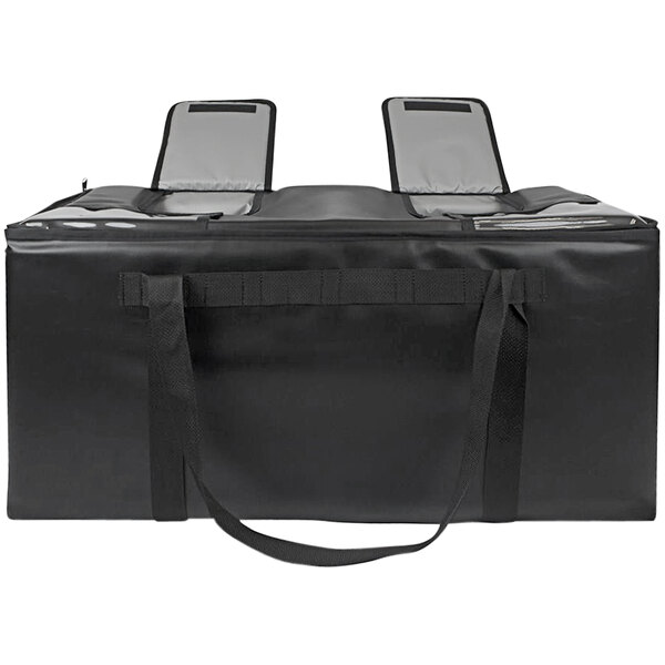 A black insulated double milk crate delivery bag with straps and two doors.
