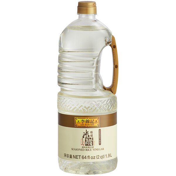 A plastic jug of Lee Kum Kee Seasoned Rice Vinegar with a brown label.