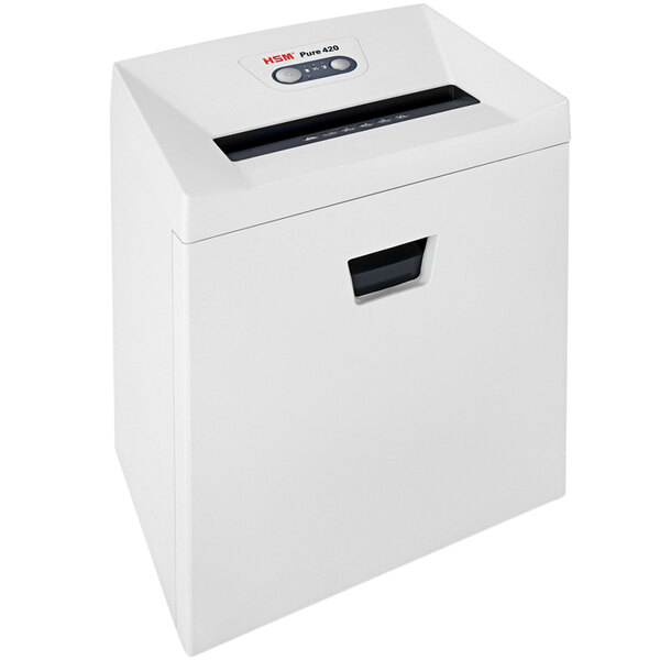 A white HSM 2343 paper shredder with a black lid.