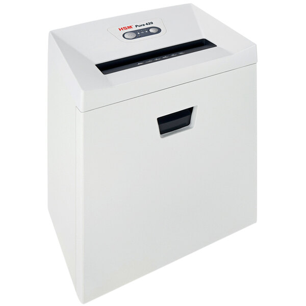 A white rectangular paper shredder with a black panel.