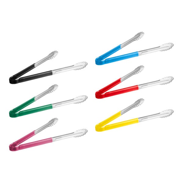 A set of Choice stainless steel tongs with red, blue, green, yellow, black, and white handles.