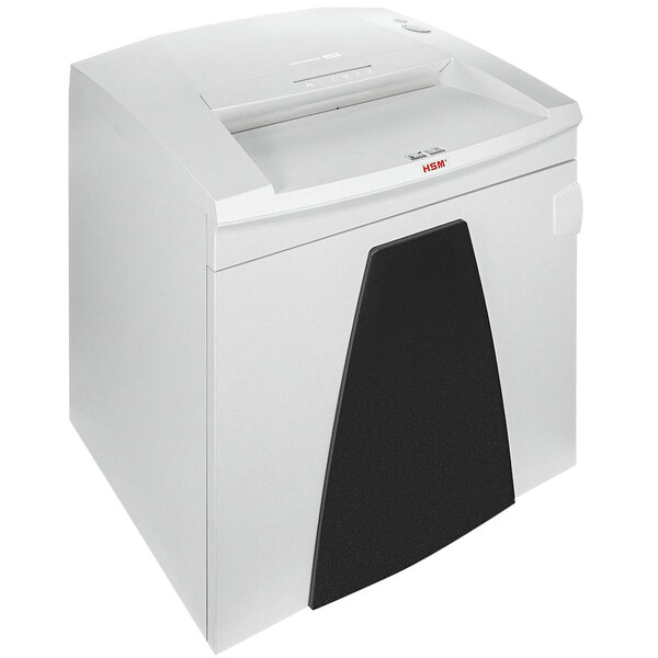 A white HSM SECURIO B35c shredder with a black lid.