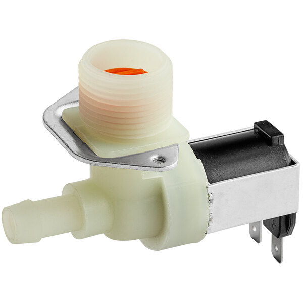 A white plastic Estella Caffe inlet solenoid valve with a black metal holder.