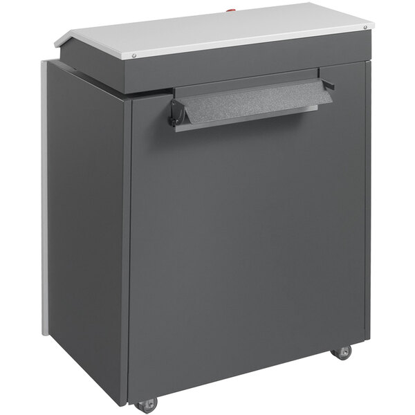 A grey rectangular HSM ProfiPack cardboard shredder with a white top.