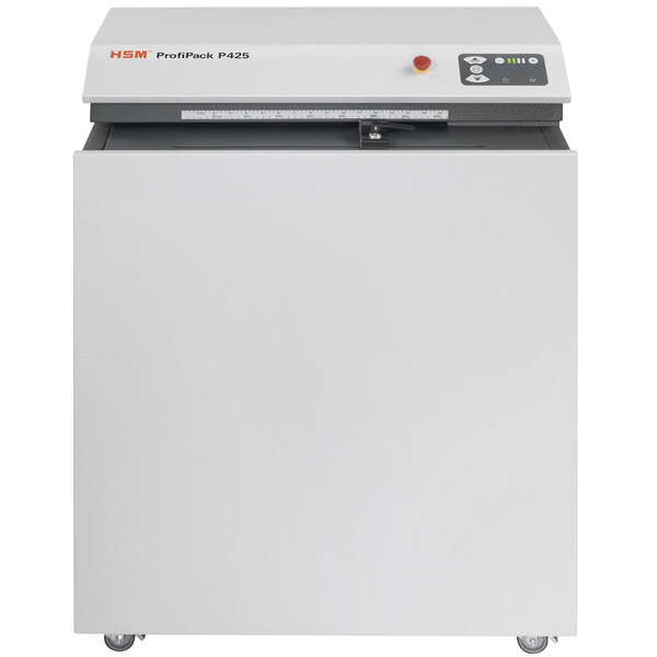 A white rectangular HSM cardboard shredder with a white panel and red button.