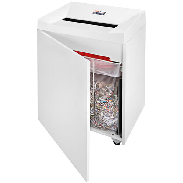 A white HSM 2373 Pure shredder with a bag full of paper.