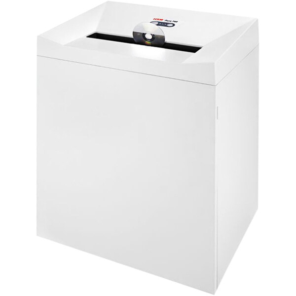 A white rectangular HSM paper shredder with a disc in it.