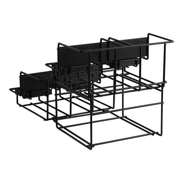 A black metal Bunn universal airpot rack with four black baskets.