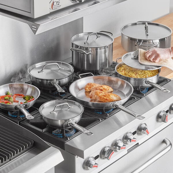 Vigor SS1 Series 12-Piece Induction Ready Stainless Steel Cookware Set with  2 Saucier Pans, 3 Qt. Saute, 10 Qt. Brazier, 2 Fry Pans, and 8 Qt. Stock Pot