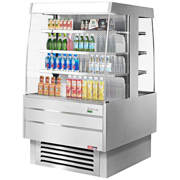 a cooler with drinks on shelves
