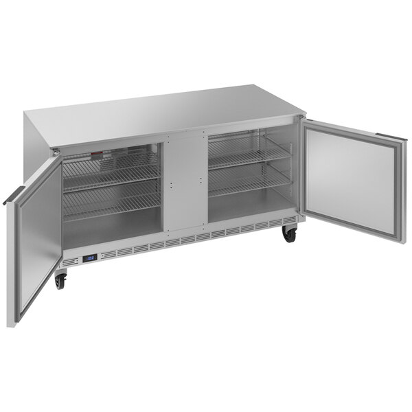 A stainless steel Beverage-Air undercounter freezer with two doors open.