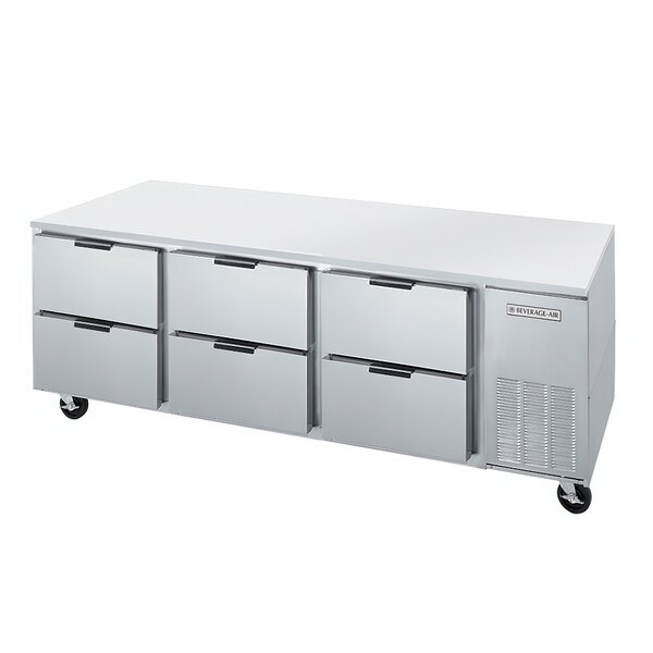 A white rectangular Beverage-Air undercounter refrigerator with six drawers.