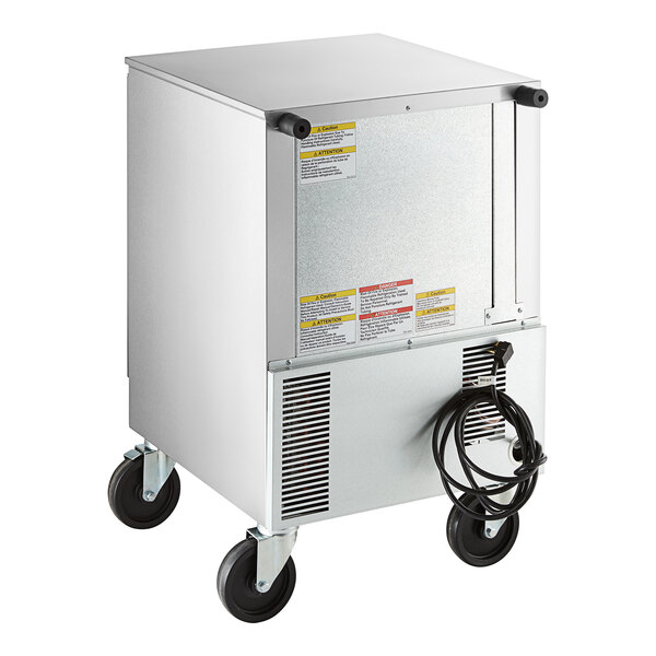 A silver rectangular Beverage-Air undercounter refrigerator with wheels.