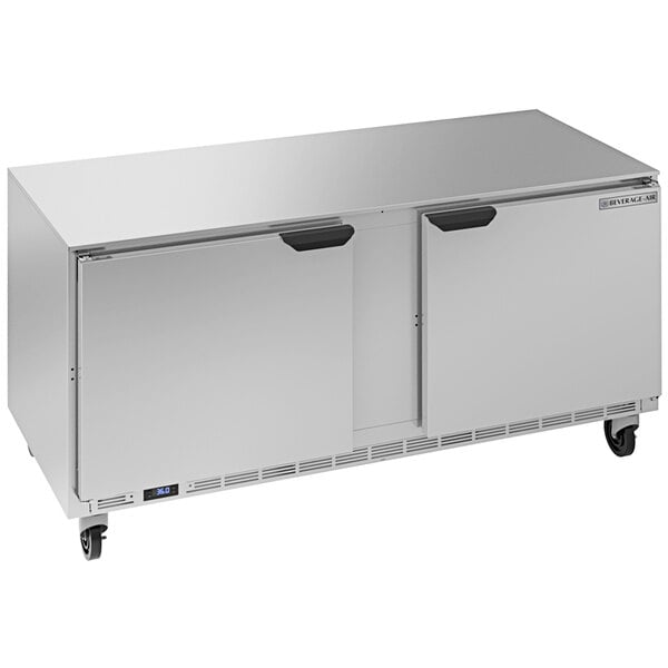 A silver Beverage-Air undercounter refrigerator with two doors.