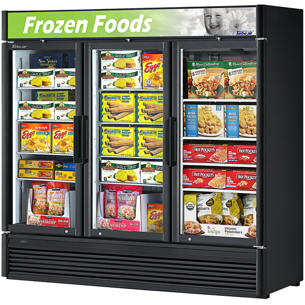 a freezer with frozen foods on the shelves