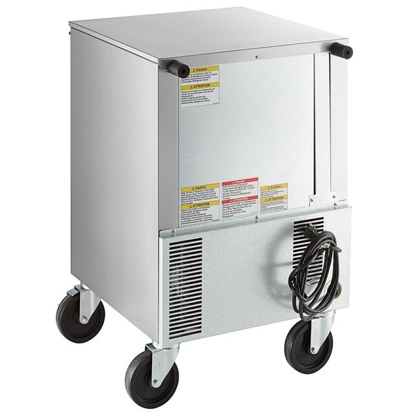 A silver Beverage-Air undercounter freezer on wheels.