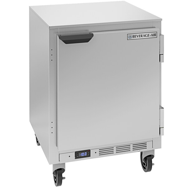 A Beverage-Air undercounter freezer with a left-hinged door.