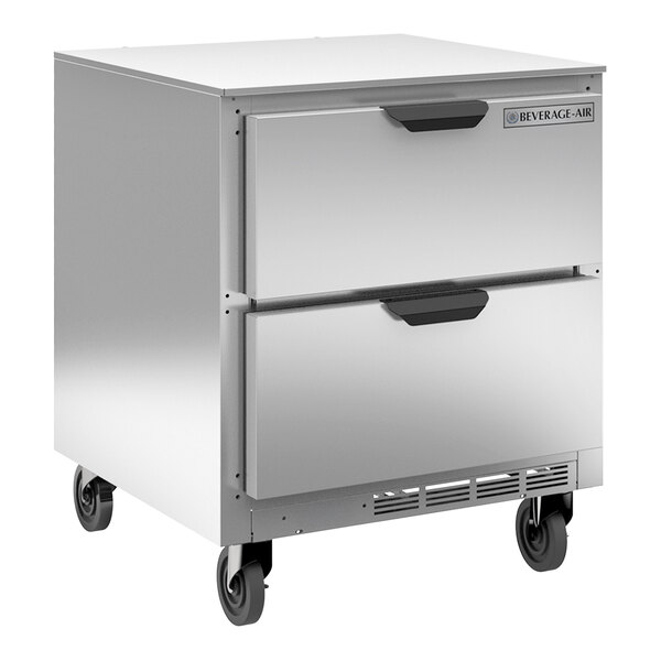 A silver Beverage-Air undercounter refrigerator with two drawers.