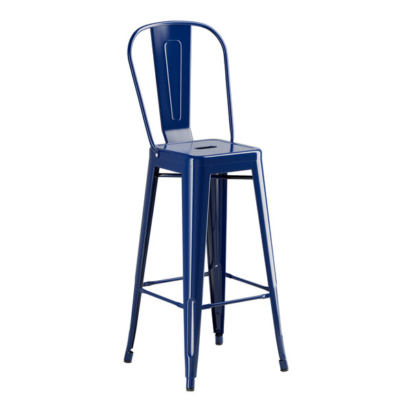 A blue Lancaster Table & Seating outdoor cafe barstool with a backrest.