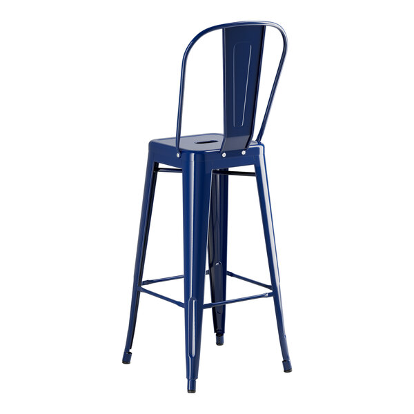 A blue Lancaster Table & Seating outdoor cafe barstool with a backrest.