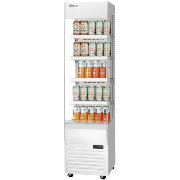 A white Turbo Air vertical open display case with 4 shelves of canned beverages.
