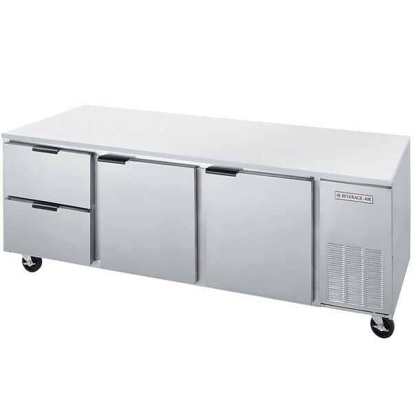 A stainless steel Beverage-Air undercounter refrigerator with 2 drawers.