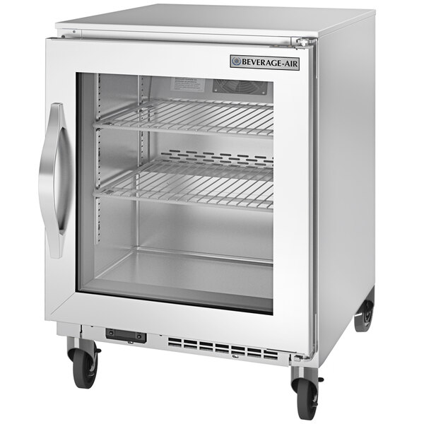 A silver stainless steel Beverage-Air undercounter freezer with glass doors and shelves.