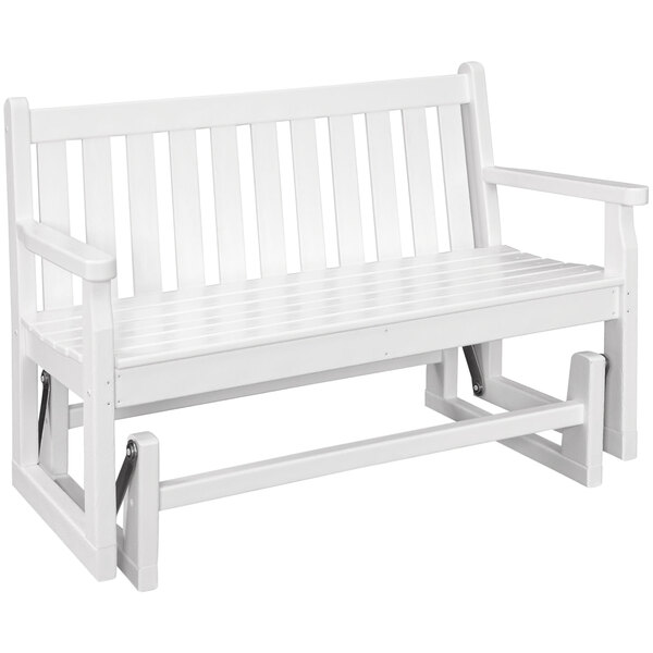 A white POLYWOOD bench glider with arms.