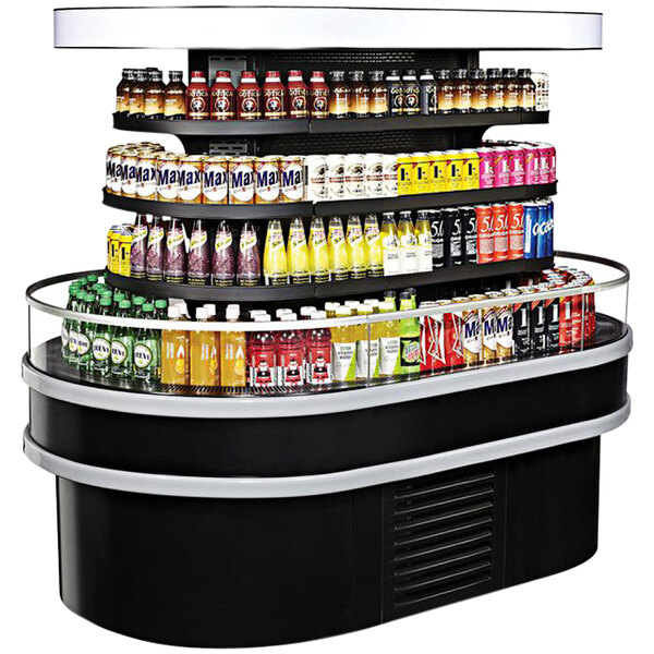 A black Turbo Air oval island display case filled with drinks and beverages.