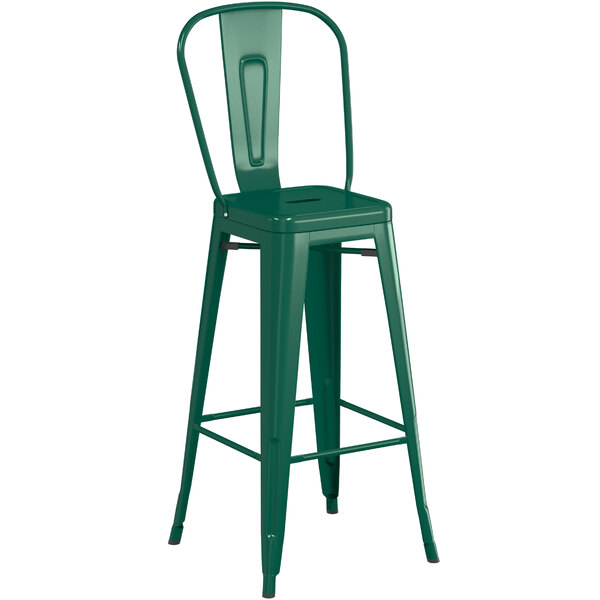 A Lancaster Table & Seating Emerald outdoor cafe barstool with a backrest.