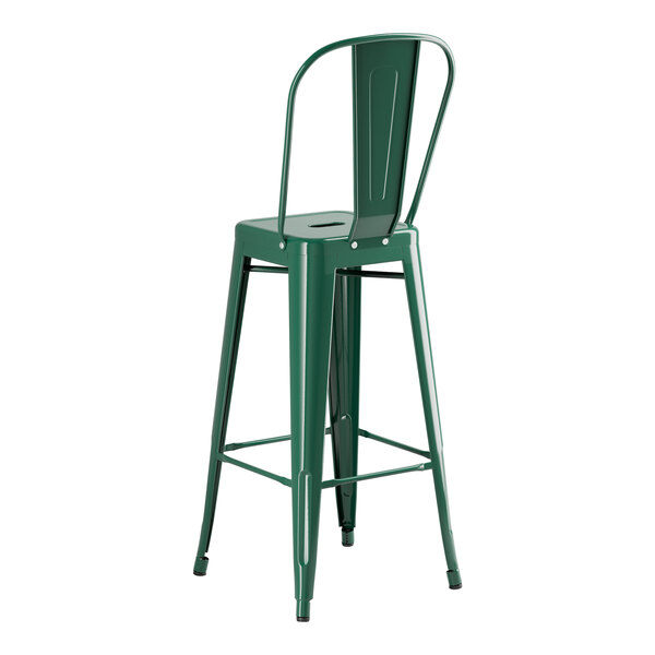 A Lancaster Table & Seating emerald green metal outdoor cafe barstool with a backrest.
