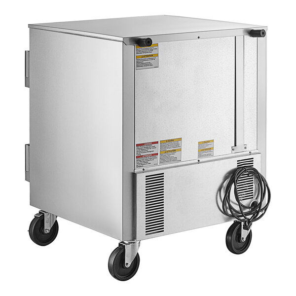 A large stainless steel Beverage-Air undercounter refrigerator with wheels.